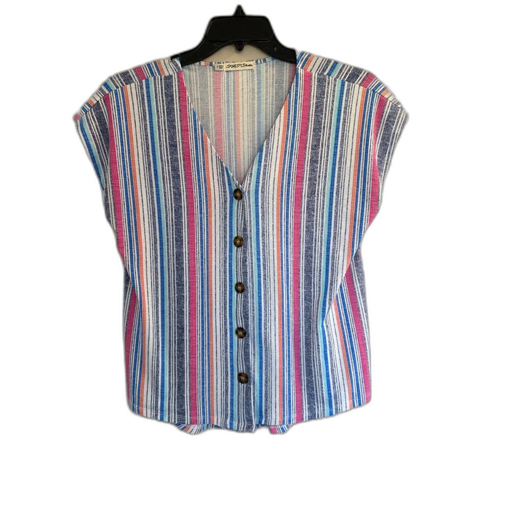 FLT Studio Striped Button Down‎ V-Neck Sleeveless Blouse Top Medium